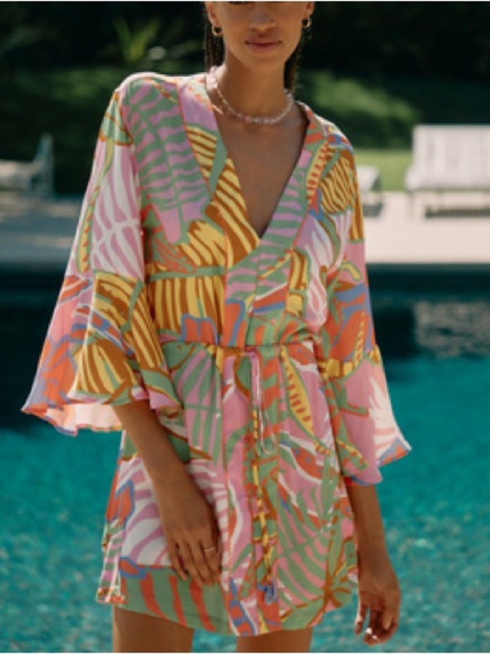 Maaji Joy Caftan Mini Dress Swim Cover Tropical Print Bell Sleeve Size Medium - Picture 11 of 11